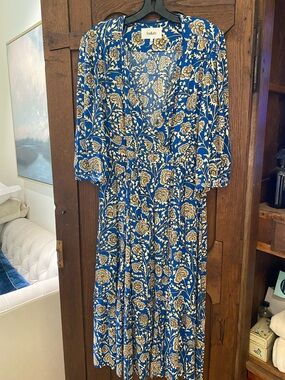 ba&sh Royal Blue and Gold Floral Wrap Maxi Dress Sz 3